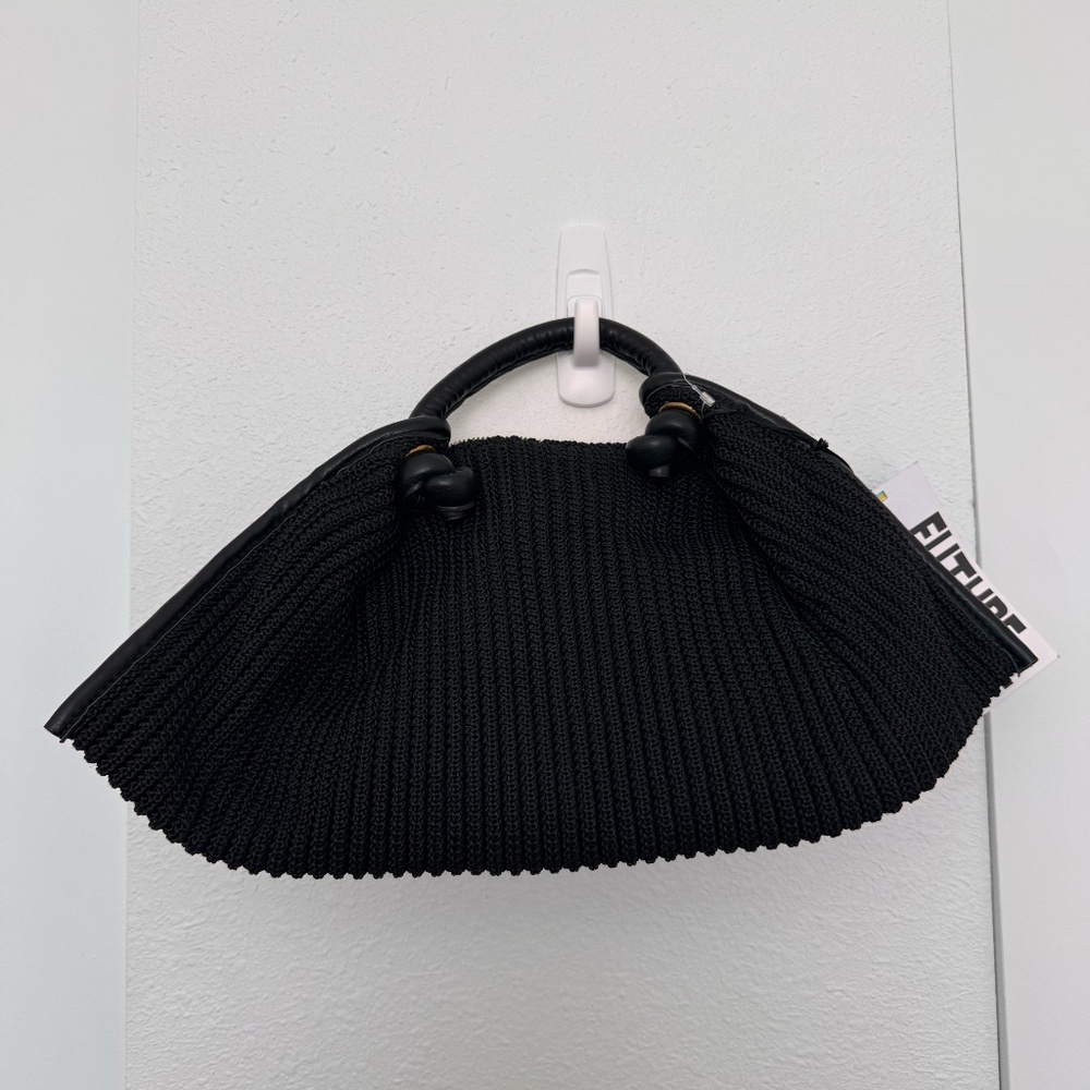 Black Pleated Knit Top Handle Purse